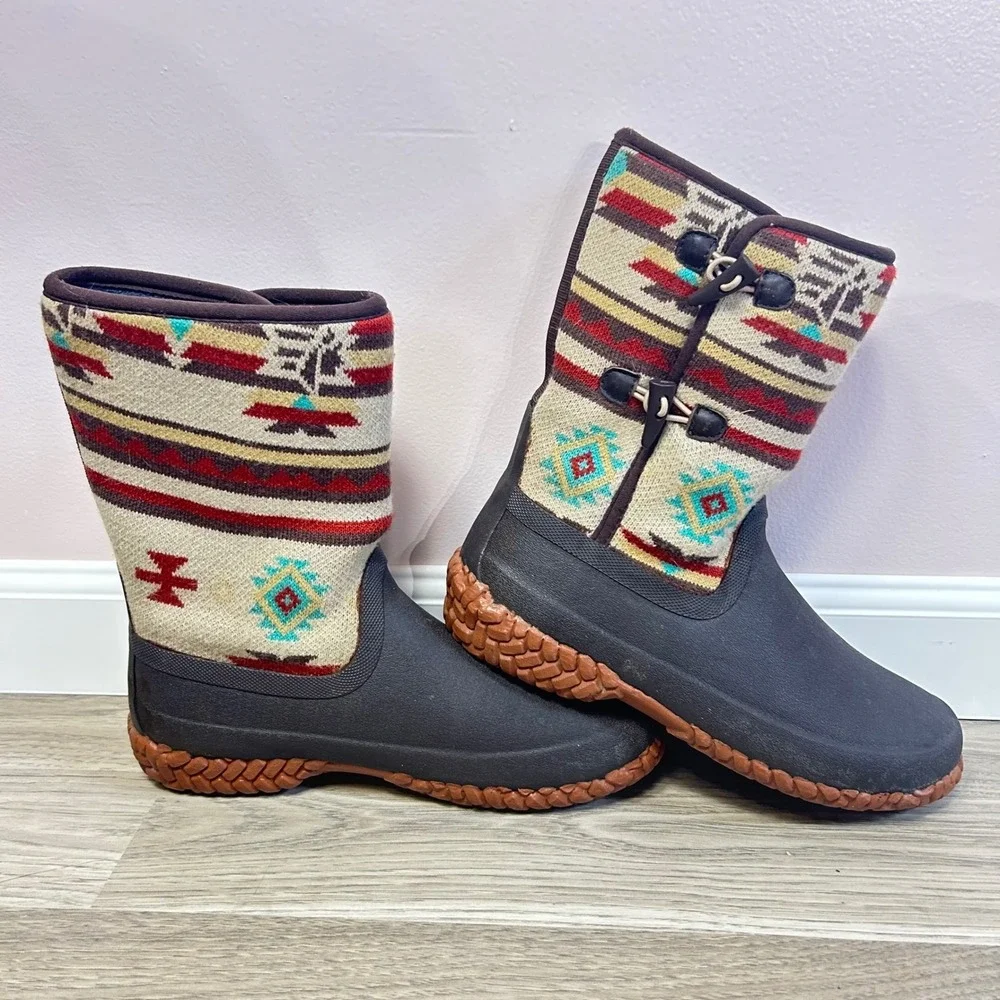 LaCrosse Women 10 Brown Southwestern Rubber Boots Gorpcore Aztec Rain Cabin core